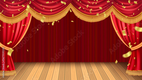Abstract vector rendering theater stage curtain and Wooden theater stage.spotlights and Movie night or showtime