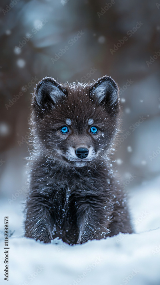 Obraz premium Macro close-up adorable wolf fox pups snowy landscapes expressive eyes soft fur natural winter forest woodland photography animal blue gaze look cute zoo wild instinct habitat baby silver fluffy