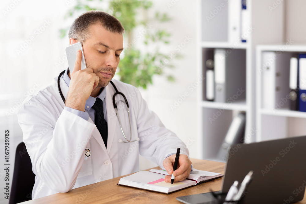 High Quality Service Concept. Portrait of confident male therapist talking on smartphone and writing in his notebook, taking notes about appointment, consulting client. Remote Communication High Quality Service Concept. Portrait of confident male therapist talking on smartphone and writing in his notebook, taking notes about appointment, consulting client. Remote Communication