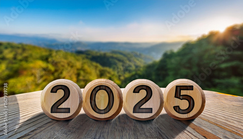 round blocks with January 2025 in english written on them, outdoor theme