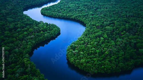 Amazon Rainforest River Aerial View: Lush Green Canopy and Winding Waterways photo