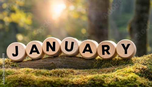 round blocks with January 2025 in english written on them, outdoor theme
