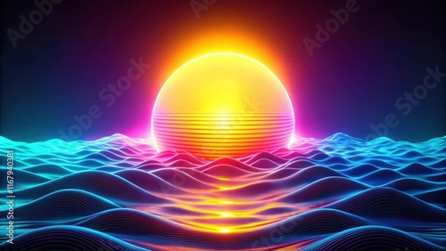 Futuristic neon of sun and wave, futuristic, neon,sun, wave, abstract, digital art, modern, vibrant, glow, energy, technology