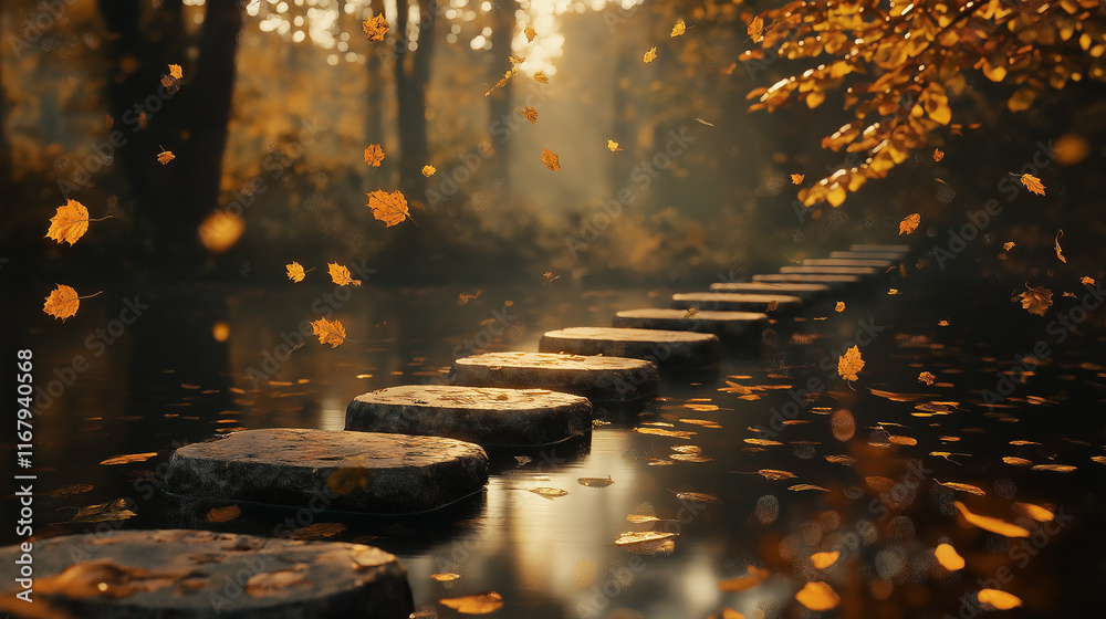 Naklejka premium Stepping stones bridge leading through a glowing autumn forest, leaves in shades of gold and amber, soft light filtering through branches, fairytale ambiance