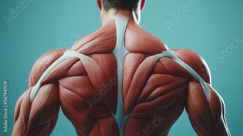 Detailed illustration of human back muscles for educational and anatomical purposes. Dewlit. Illustration