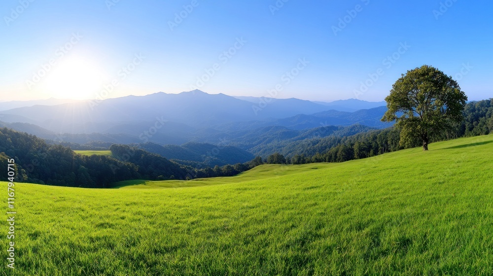 Serene landscape with mountains, green fields, and a single tree. Serene landscape with mountains, green fields, and a single tree.