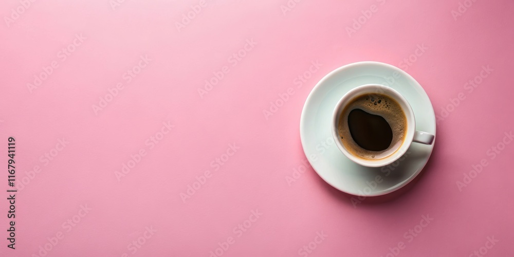 Aerial view of a cup of coffee on pink background, coffee, cup, drink, pink, background, above, directly above, top view, beverage Aerial view of a cup of coffee on pink background, coffee, cup, drink, pink, background, above, directly above, top view, beverage
