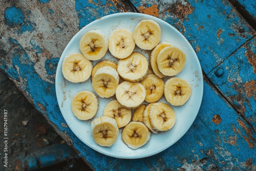Freshly Sliced Bananas on a White Plate with Rustic Background