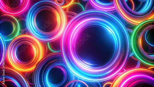 Colorful neon rings forming an abstract modern background, neon, rings, colorful, abstract, modern, background, vibrant
