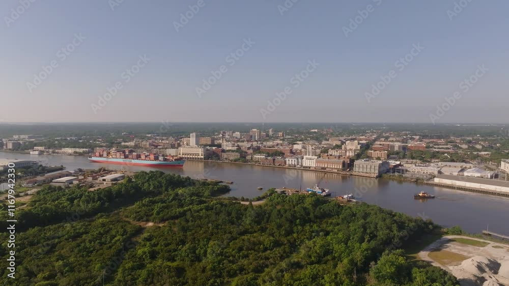 Majestic Sunrise: Aerial of Container Ship on the Savannah River Passing Downtown Savannah, Georgia Majestic Sunrise: Aerial of Container Ship on the Savannah River Passing Downtown Savannah, Georgia
