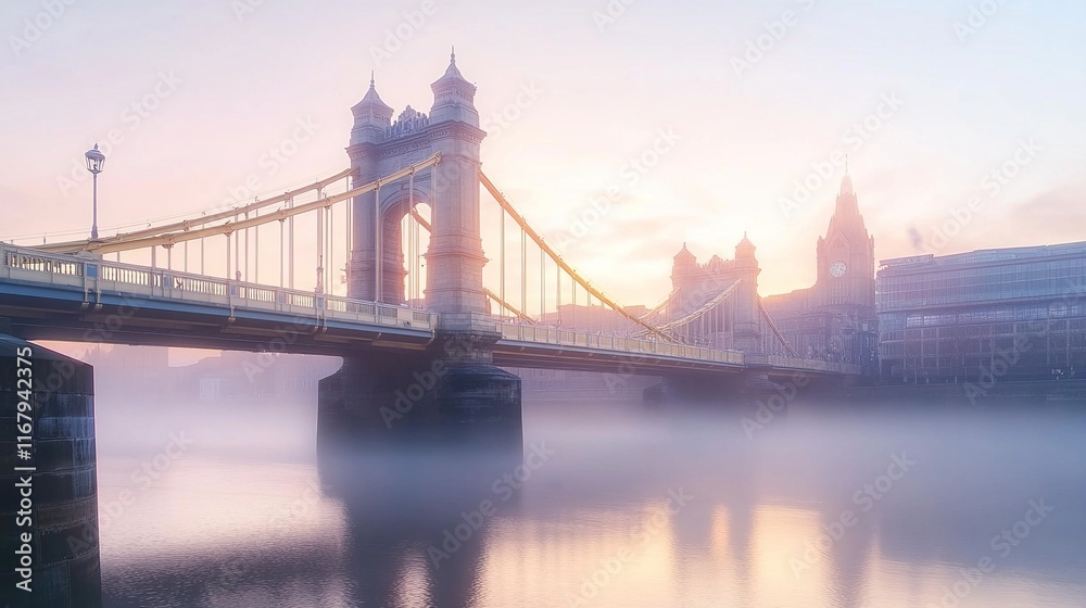 Obraz premium A bridge over a misty river with buildings in the background at sunrise.