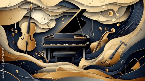 Wallpaper Mural 73.A sophisticated paper cut vector design for a classical music concert poster, featuring a central grand piano and a collection of orchestral instruments such as a cello, trumpet, and violin. Torontodigital.ca
