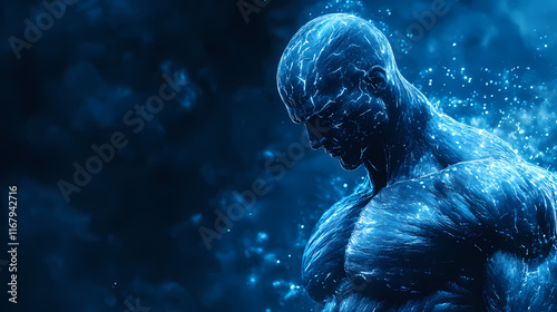 A blue man with muscles is shown in a close up. generative ai. Dewlit. Illustration