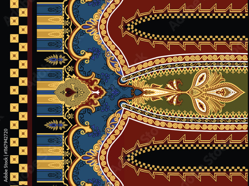 A section of a textile design featuring intricate ornamental patterns in a palette of black, brown, blue, and gold, 
for textile , wallpaper ,gift wrapping