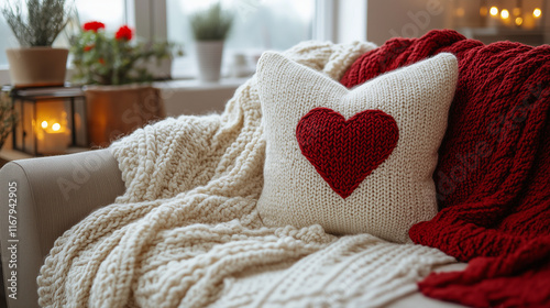A cozy blanket on a couch with a throw pillow featuring a heart design. photo