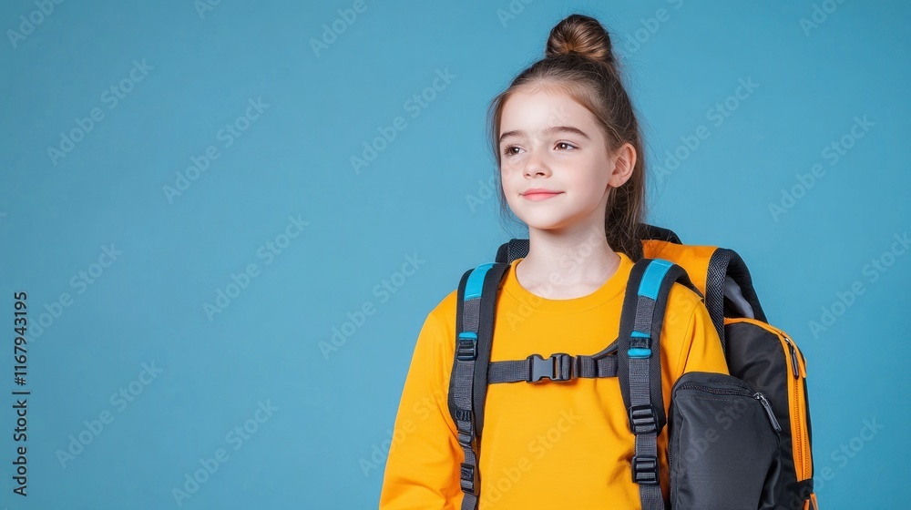 A young girl with a backpack smiles against a blue background. A young girl with a backpack smiles against a blue background.