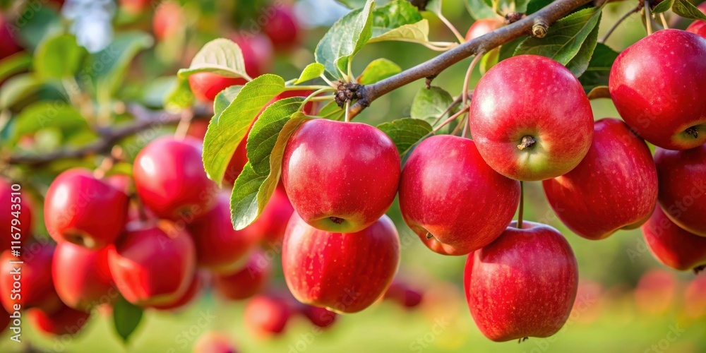 Close-up of ripe Malus hybridus Red Apples hanging on tree branch , fruit, apples, red, Malus hybridus, tree, fresh