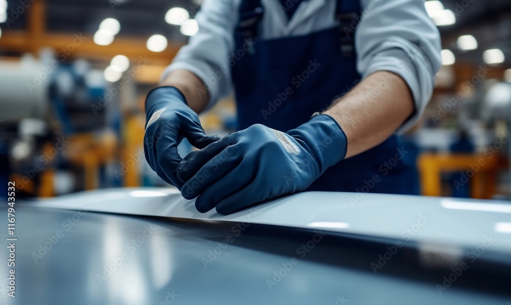 Worker applying adhesive in a manufacturing environment. Worker applying adhesive in a manufacturing environment.