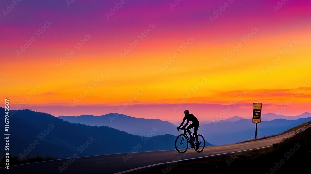 Obraz premium [Cycling adventures endurance events] Serene Mountain Trail at Sunset - Peaceful Cycling Scene in Nature with Orange Pink Purple Sky.
