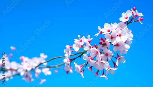 A serene scene of cherry blossoms in full bloom against a vibrant blue sky photo