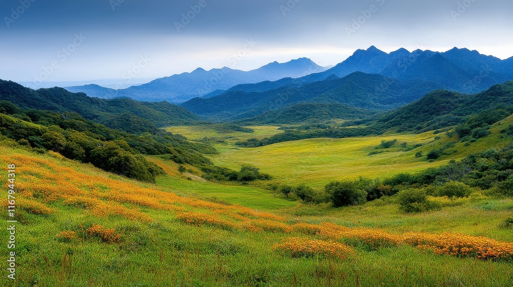 Fototapeta premium [serene mountain landscape with yellow wildflowers] Lush Valley Surrounded by Majestic Mountains with Vibrant Yellow Wildflowers
