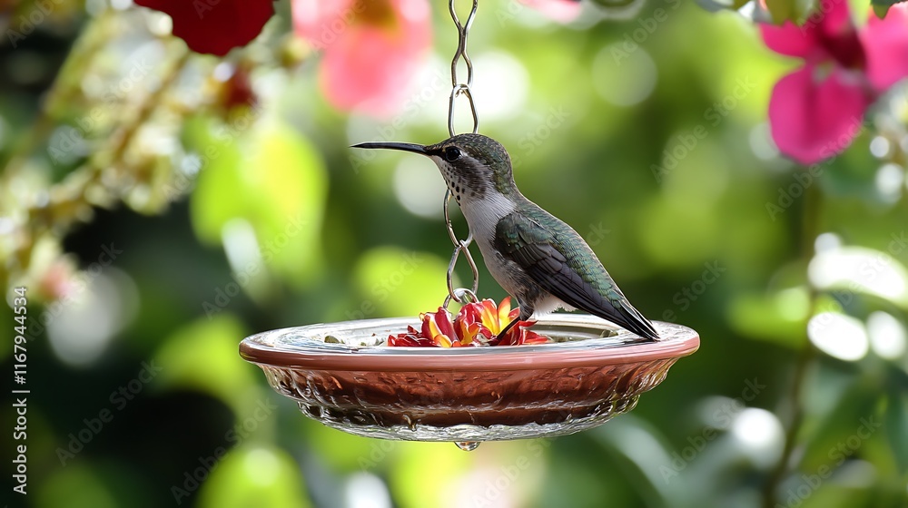 Naklejka premium Hummingbird at a Feeder in a Lush Garden