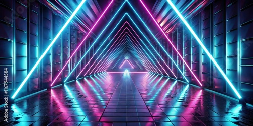 Abstract neon light triangle tunnel leading into a sci-fi modern futuristic background, neon, light, triangle, tunnel