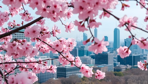 A captivating view of cherry blossoms in full bloom framing a modern Japanese cityscape photo