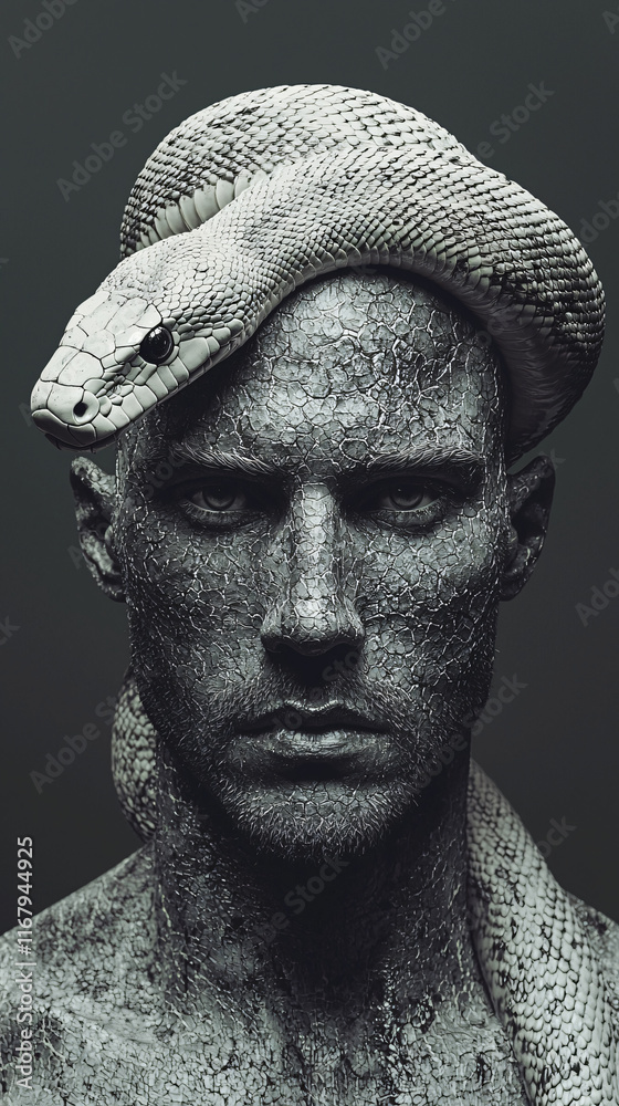 Striking monochromatic portrait man white snake gracefully draped across head bold artistic connection human reptile black skin male fashion photography impact beauty strong gaze chinese new year dark