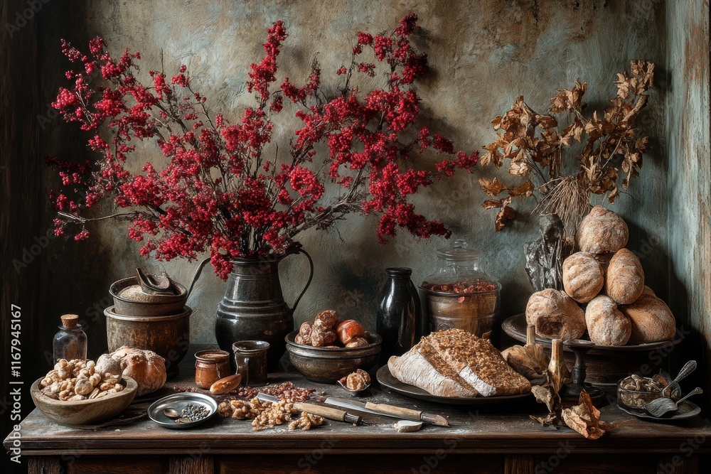 Rustic Still Life with Bread, Flowers, and Natural Elements Rustic Still Life with Bread, Flowers, and Natural Elements