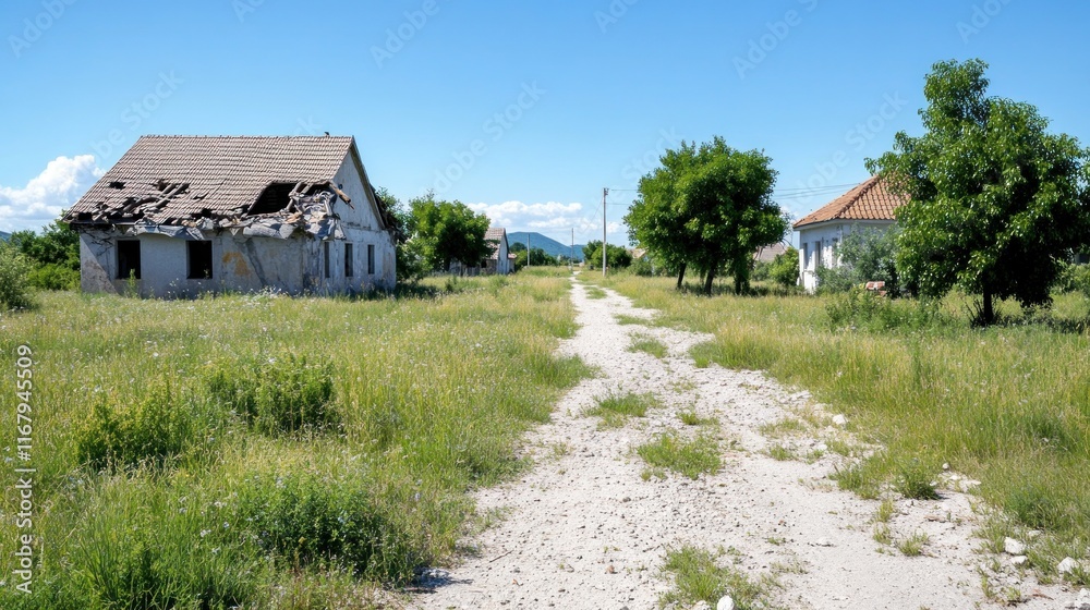 Abandoned houses along a gravel path in a rural setting. Abandoned houses along a gravel path in a rural setting.