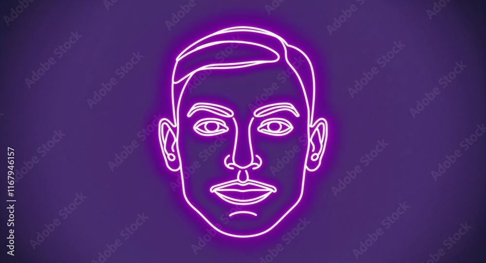 Purple theme man face neon hologram on plain white background