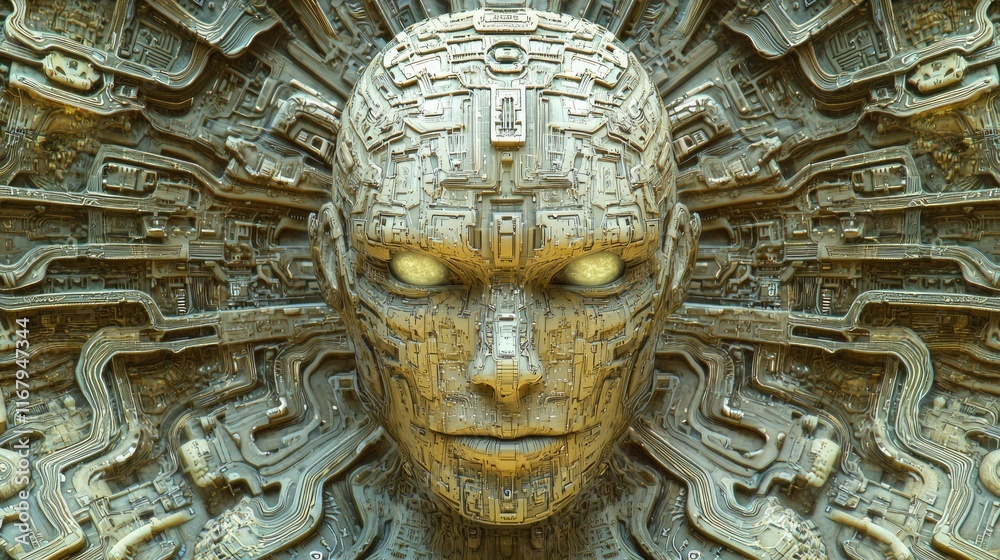 Cyborg Dreamscape: Macro View of Integrated Circuits Transformed into Robotic Labyrinth Cinematic Artwork