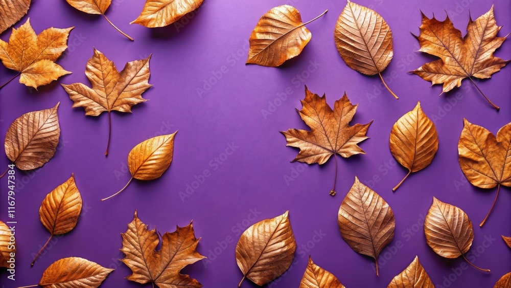 Dry orange metallic leaves creating a beautiful pattern on a violet background, autumn, fall, metallic, leaves, orange Dry orange metallic leaves creating a beautiful pattern on a violet background, autumn, fall, metallic, leaves, orange