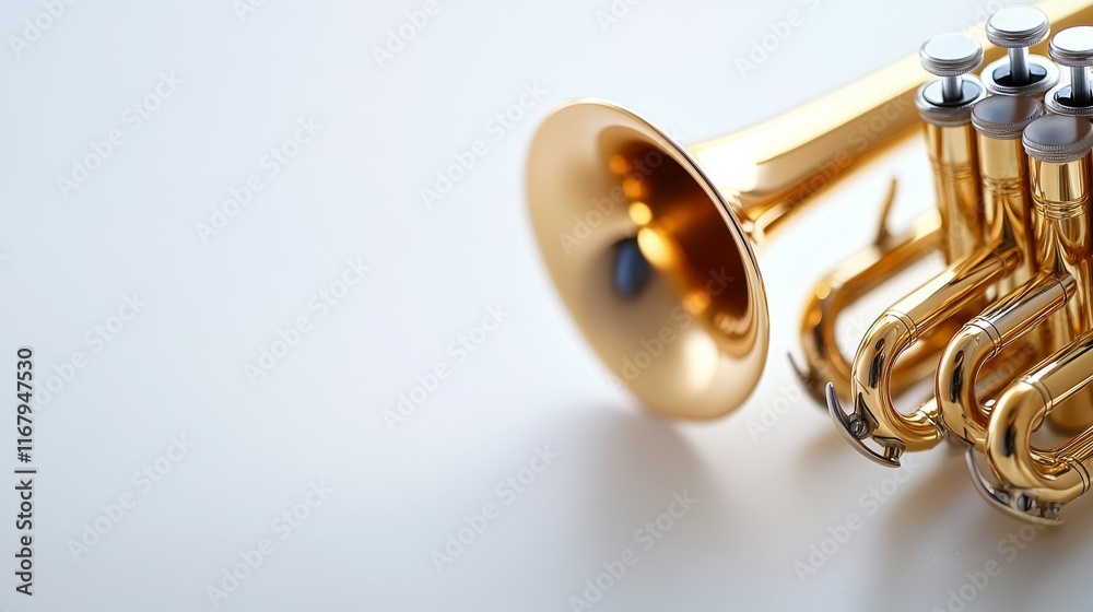 Obraz premium 23.A close-up of a trumpet, lying gracefully on a white background. The trumpetâ€™s gleaming brass shines under the soft lighting, with the valves and mouthpiece sharply detailed. The white space