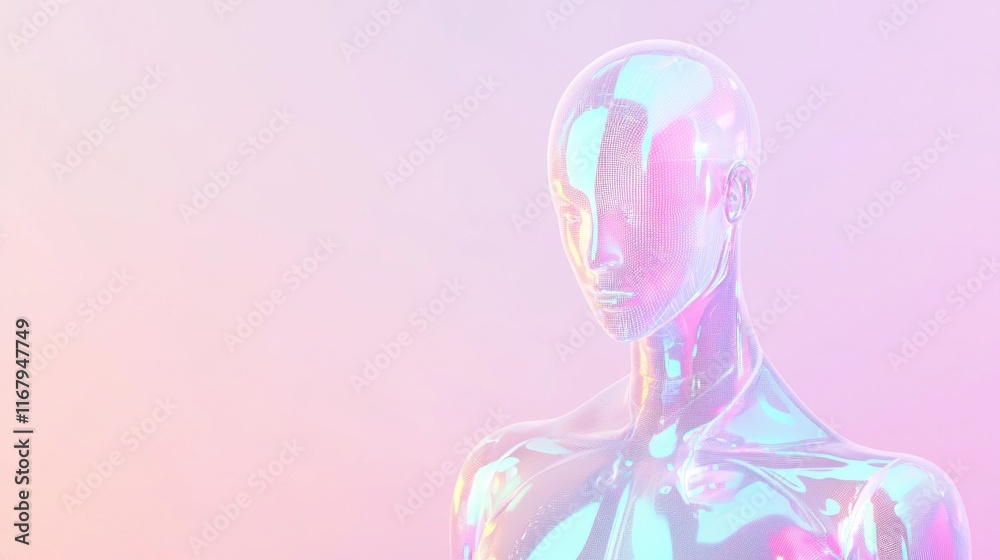 Prismatic Data Layers: Futuristic Minimalist AI Torso in White Setting Prismatic Data Layers: Futuristic Minimalist AI Torso in White Setting