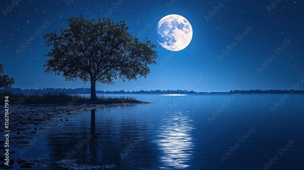 Serene night scene with a lone tree silhouetted against a bright full moon reflecting on calm water. Serene night scene with a lone tree silhouetted against a bright full moon reflecting on calm water.