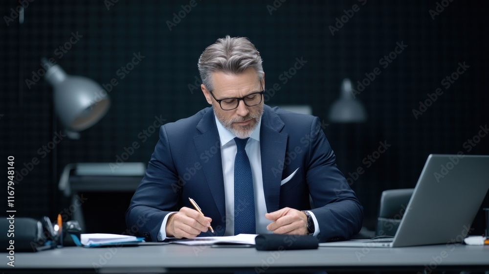 Businessman reviewing documents at a modern office desk. Businessman reviewing documents at a modern office desk.