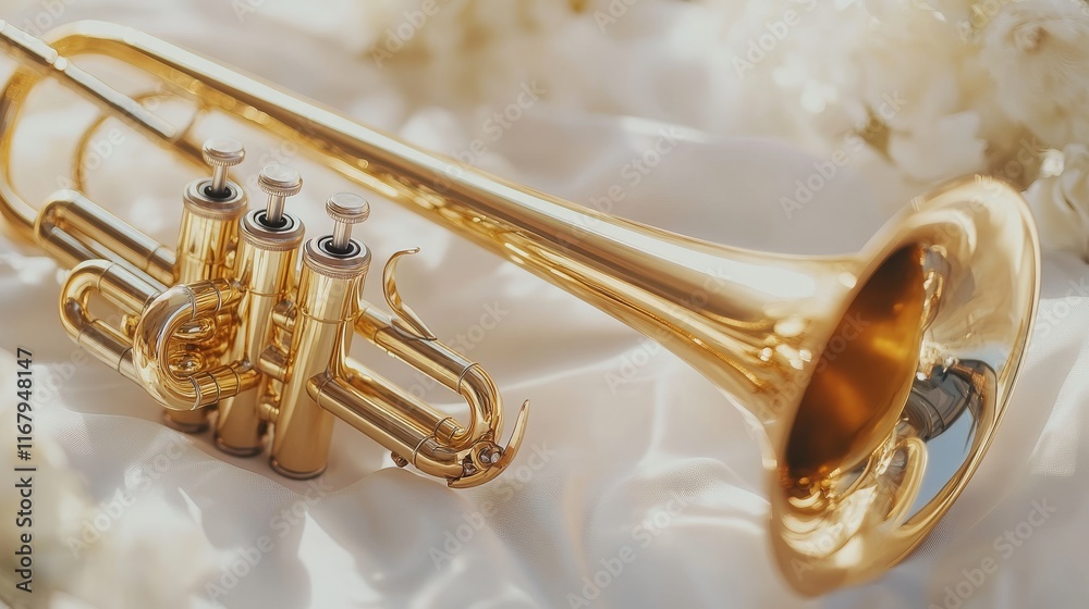 Obraz premium 21.A bright, clean image of a trumpet resting on a smooth white background, its shining brass surface reflecting soft light. The focus is on the instrument's detailed valves and bell, capturing its