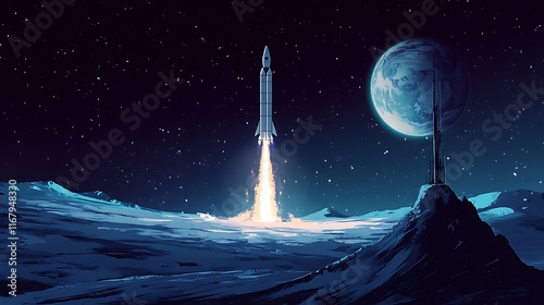 Lunar Launch: A Rocket Ascends Towards a Distant Earth