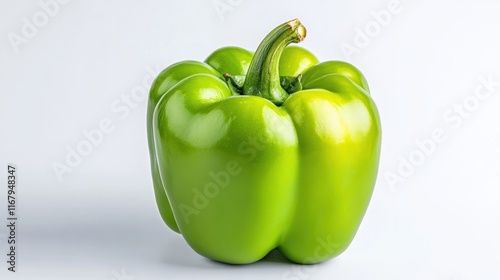 A shiny green bell pepper on a light background.