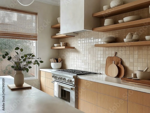 warm, minimalist kitchen with natural wood cabinetry 
