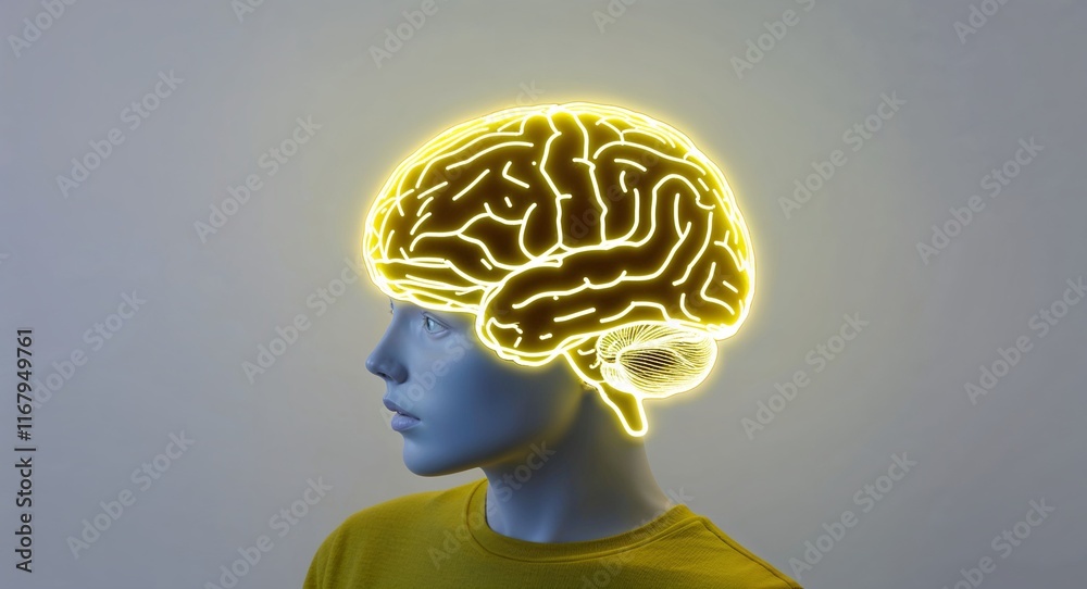 Fototapeta premium Yellow theme brain neon hologram on plain white background