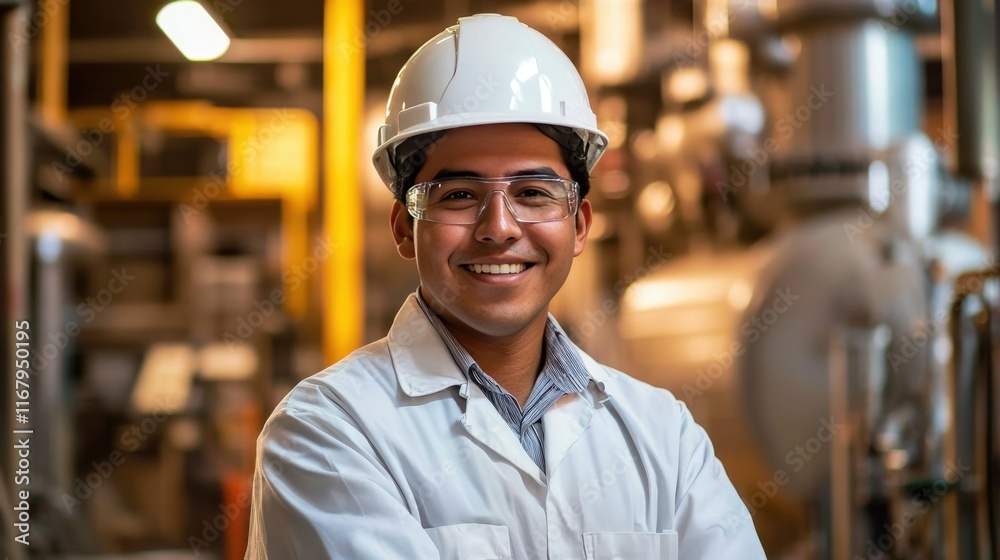 Smiling Industrial Engineer Wearing Safety Gear In A Factory Smiling Industrial Engineer Wearing Safety Gear In A Factory