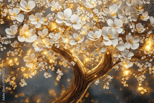 Decorative 3D wallpaper featuring a glowing golden tree with detailed white flowers and smooth, layered depth. 