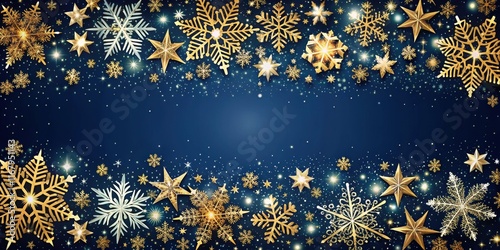 Snowflakes and stars border design with glittery white snowflakes and golden stars on a dark blue background, snowflakes, stars