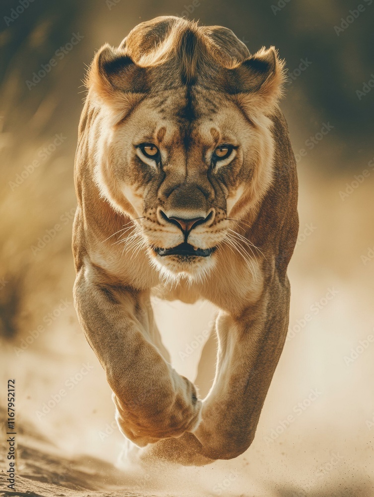 Obraz premium A lioness in motion. AI.