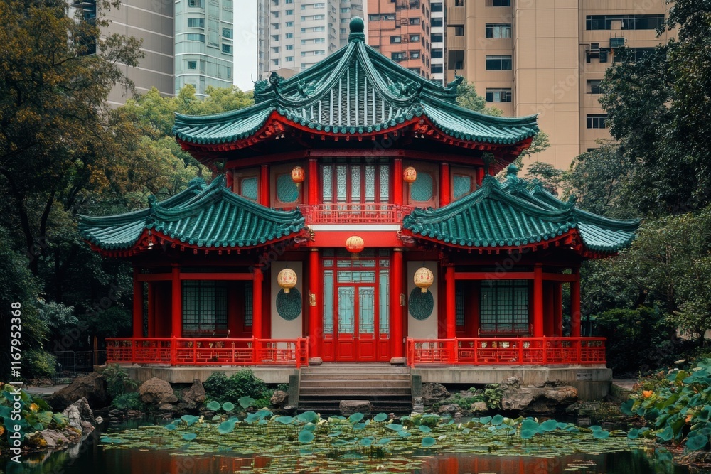 Traditional Asian Pavilion Surrounded by Modern Cityscape in Harmony Traditional Asian Pavilion Surrounded by Modern Cityscape in Harmony