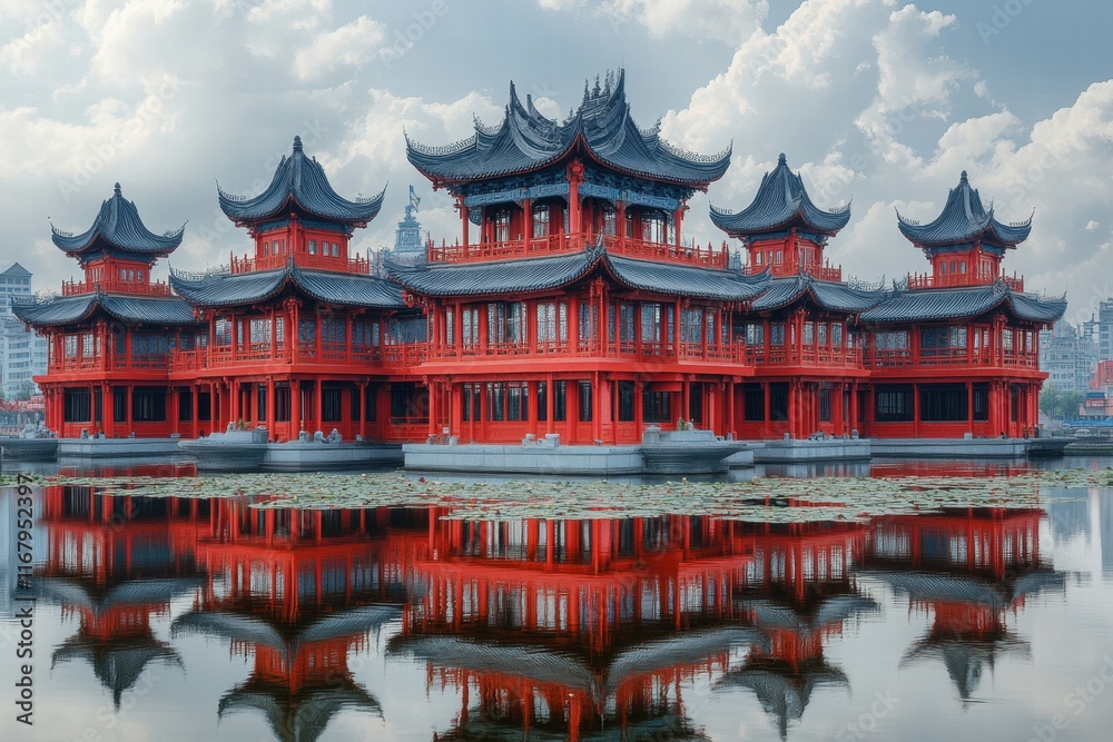 Naklejka premium Majestic Traditional Asian Architecture Surrounded by Calm Water