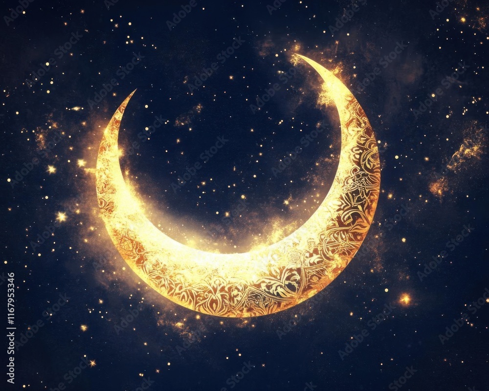 Fototapeta premium Crescent Moon: Celestial Design, Night Sky, Golden Ornament, Starry Background, Mystical Art, Space, Galaxy, Ornate Pattern, Celestial Body, Cosmic